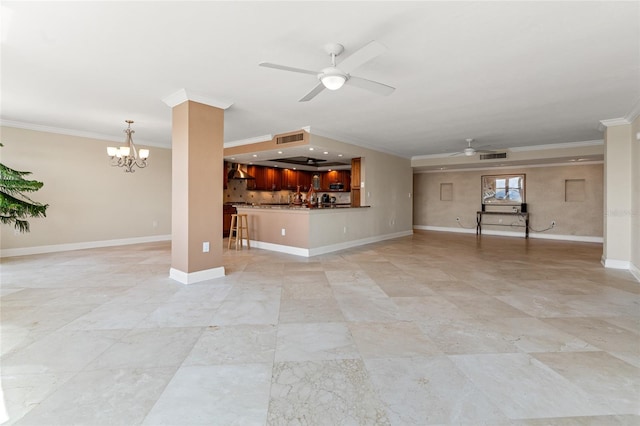 unfurnished living room with ornamental molding, decorative columns, and ceiling fan with notable chandelier