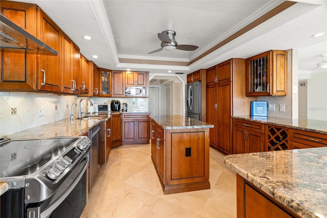 kitchen with crown molding, appliances with stainless steel finishes, sink, a tray ceiling, and light stone counters