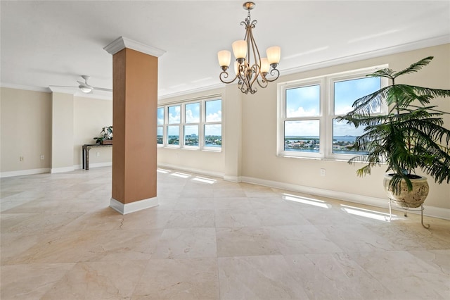 spare room with ornamental molding, ceiling fan with notable chandelier, and decorative columns