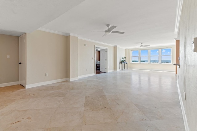 empty room with crown molding and ceiling fan