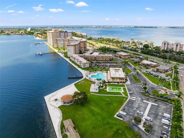 aerial view featuring a water view