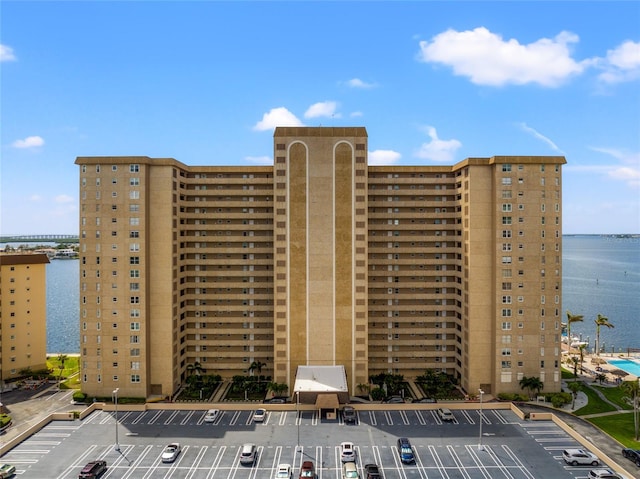 view of building exterior with a water view