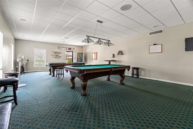 playroom with a paneled ceiling, carpet, and billiards