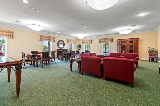 living room with ornamental molding, a textured ceiling, and carpet flooring