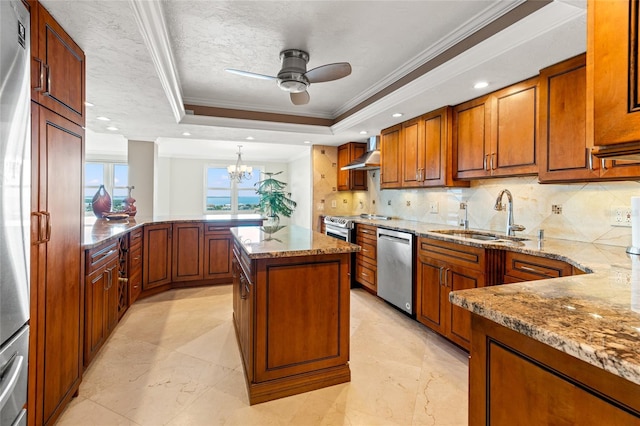 5200 Brittany Dr S Unit 1202, Saint Petersburg, FL 33715 - kitchen with wall chimney range hood, stainless steel dishwasher, brown cabinets, a ceiling fan, and light stone countertops