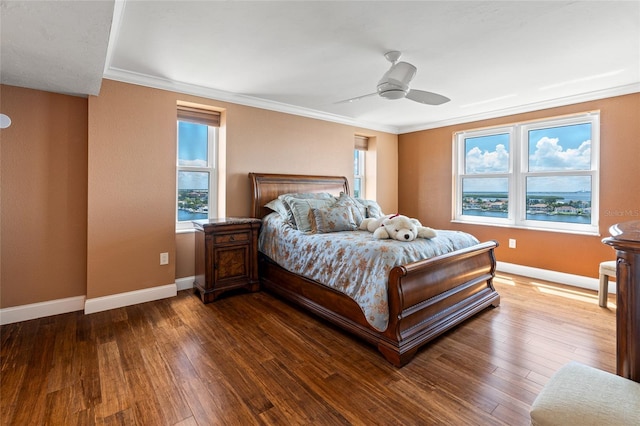 5200 Brittany Dr S Unit 1202, Saint Petersburg, FL 33715 - bedroom featuring multiple windows, ornamental molding, dark wood-style flooring, and ceiling fan