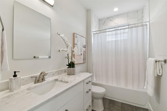 full bathroom featuring toilet, shower / tub combo with curtain, vanity, and tile patterned floors