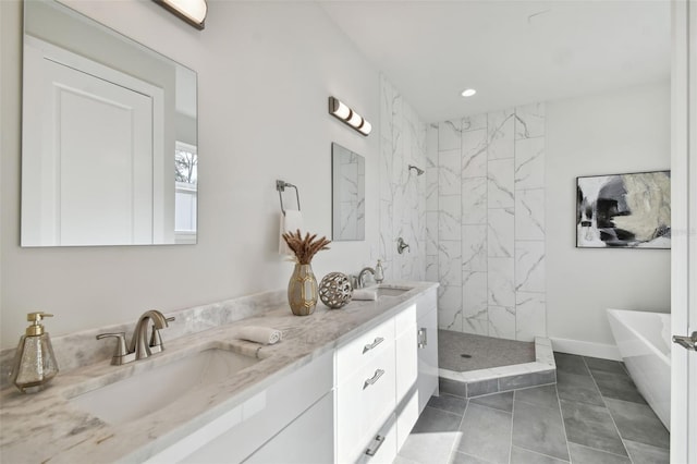 bathroom featuring vanity, tile patterned floors, and plus walk in shower