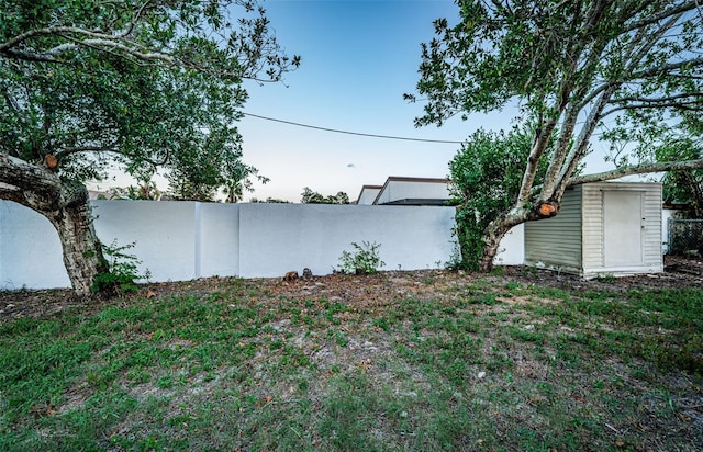 view of yard featuring a storage unit