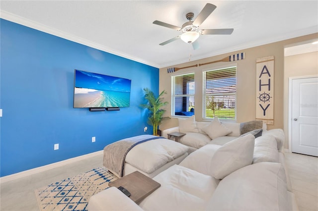 living room featuring ornamental molding and ceiling fan