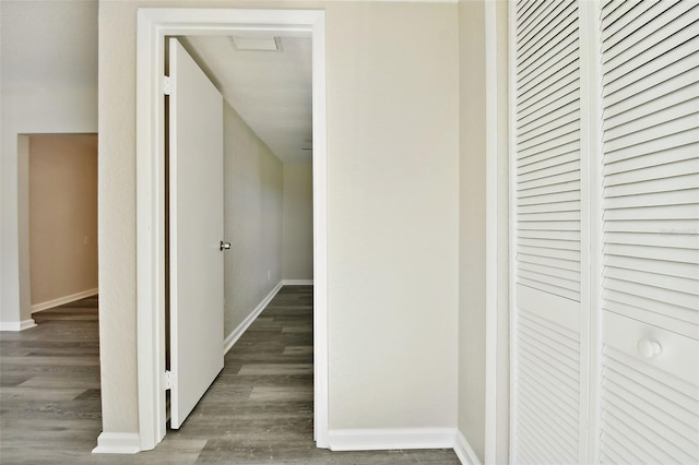 hallway with dark hardwood / wood-style flooring