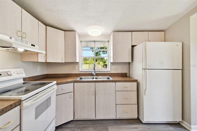 kitchen with a textured ceiling, sink, dark wood-type flooring, and white appliances