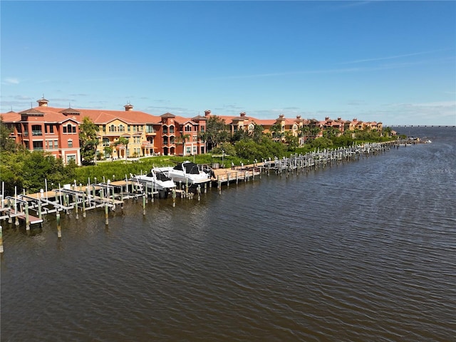 view of water feature with a dock