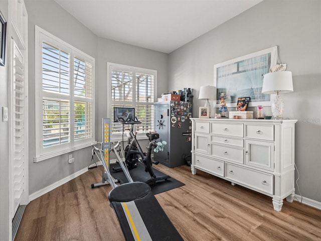 workout room featuring hardwood / wood-style flooring