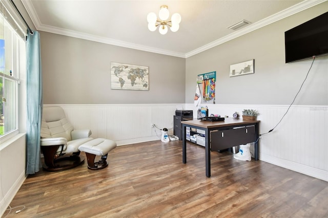 office area featuring crown molding, hardwood / wood-style floors, a notable chandelier, and a healthy amount of sunlight