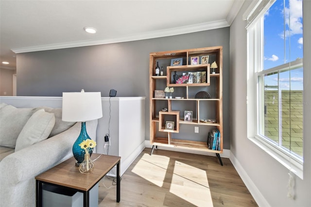 living area featuring ornamental molding, plenty of natural light, and hardwood / wood-style floors