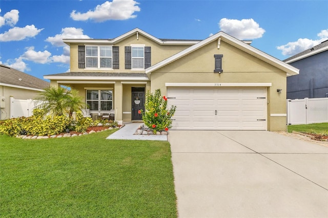 view of front of property featuring a porch, a garage, and a front lawn