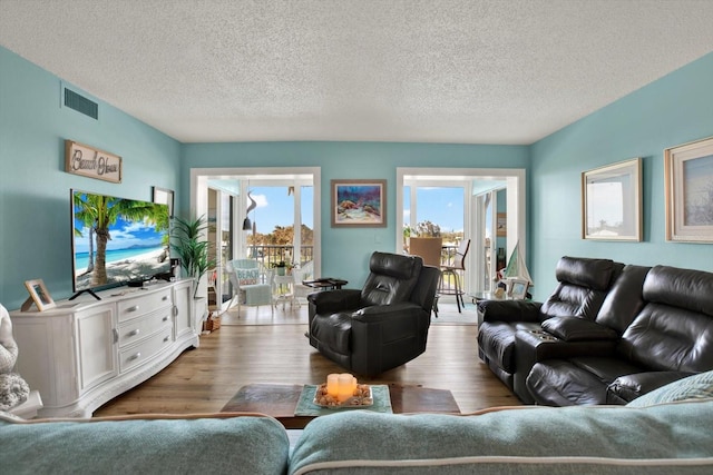 living room with hardwood / wood-style floors and a textured ceiling