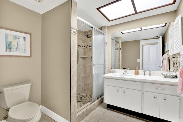 bathroom featuring vanity, tile patterned flooring, toilet, and an enclosed shower