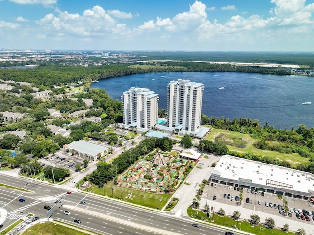 birds eye view of property featuring a water view