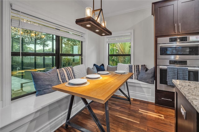 dining space with crown molding, dark hardwood / wood-style floors, and a wealth of natural light