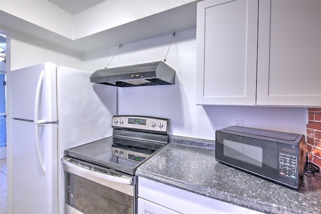 kitchen with extractor fan, dark stone counters, stainless steel electric range, and white cabinets