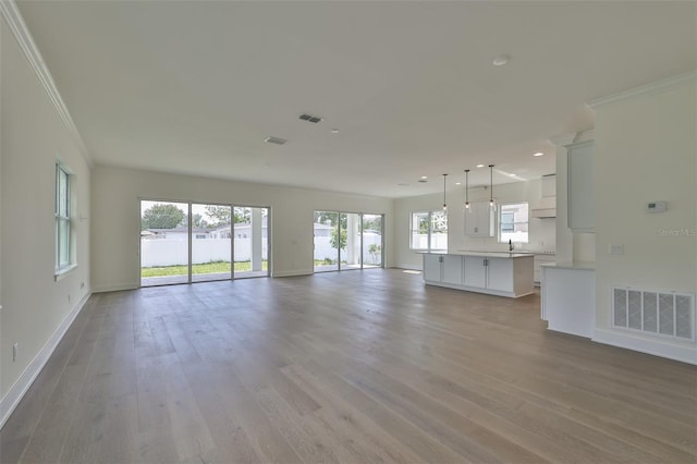 unfurnished living room with crown molding, light hardwood / wood-style floors, and a healthy amount of sunlight