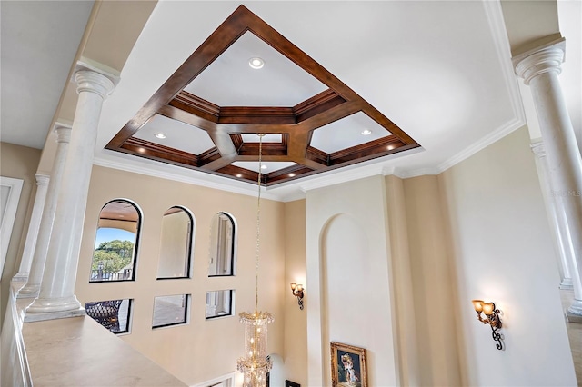 details with crown molding, beamed ceiling, coffered ceiling, and decorative columns