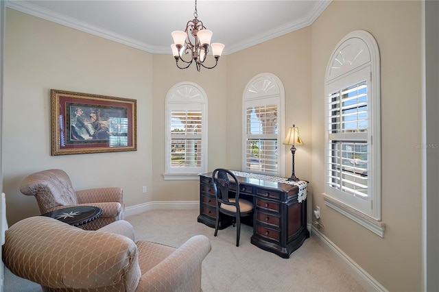 office with crown molding, light colored carpet, and a chandelier