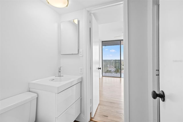 bathroom with toilet, vanity, floor to ceiling windows, and hardwood / wood-style flooring