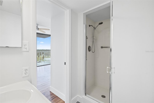500 N Osceola Ave Unit 802, Clearwater, FL 33755 - bathroom featuring wood finished floors, ceiling fan, a sink, and a stall shower
