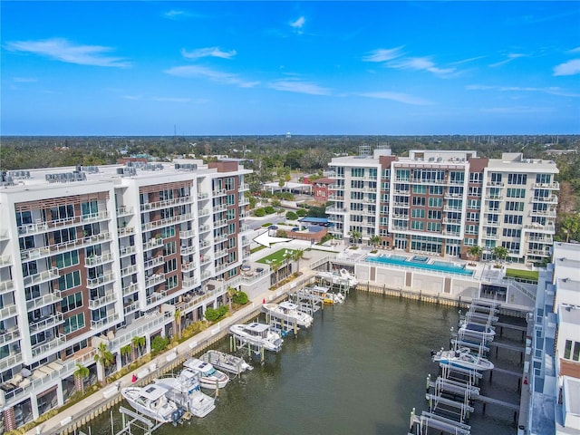 bird's eye view with a water view