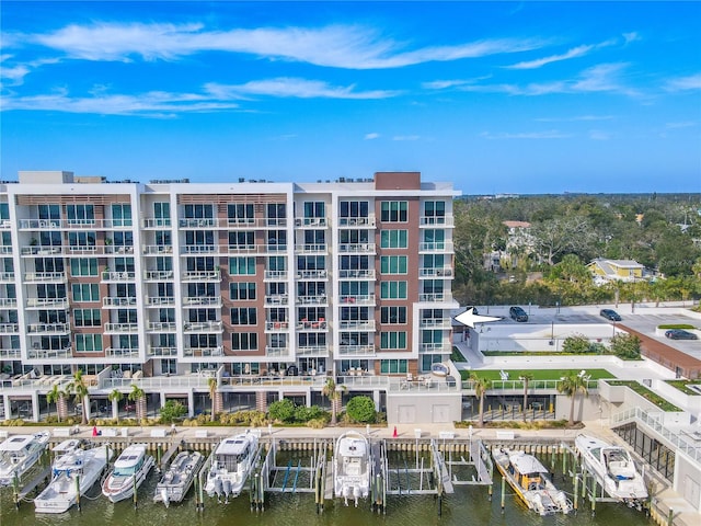 view of building exterior with a water view