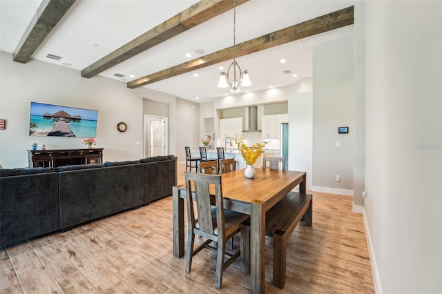 dining area featuring beamed ceiling, a chandelier, light wood-type flooring, and sink