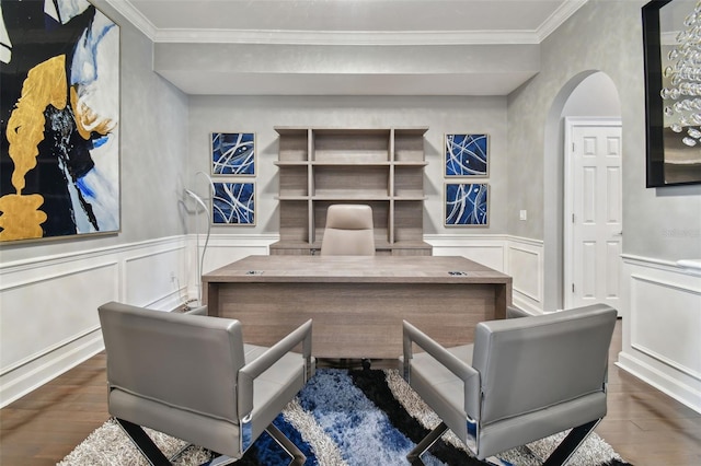 office featuring dark wood-type flooring and ornamental molding