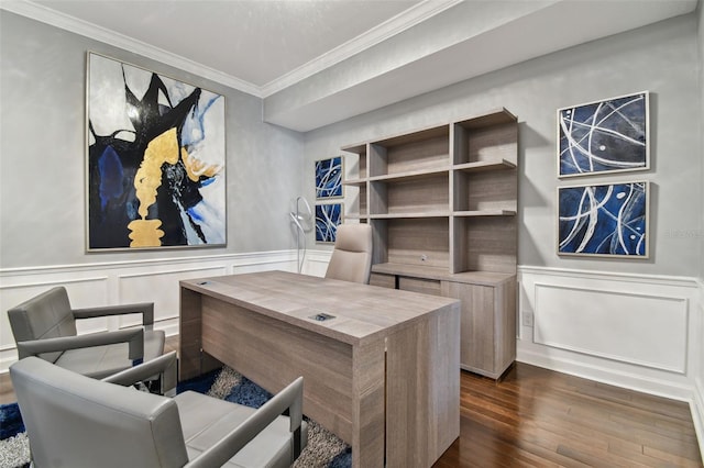 office area featuring crown molding and dark hardwood / wood-style flooring