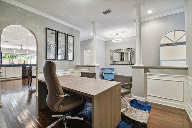 office with crown molding and dark wood-type flooring