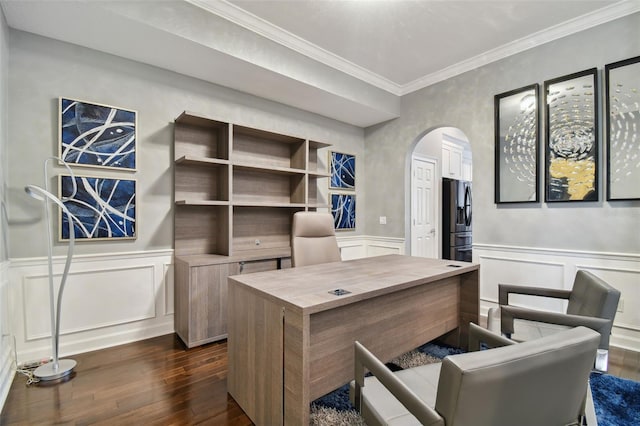 office featuring crown molding and dark hardwood / wood-style flooring