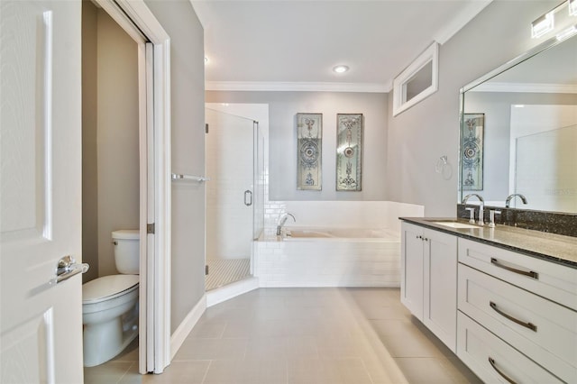 full bathroom featuring independent shower and bath, toilet, vanity, ornamental molding, and tile patterned flooring