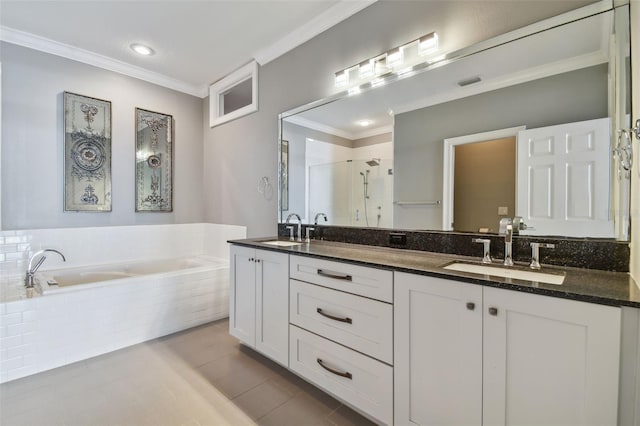 bathroom with vanity, crown molding, separate shower and tub, and tile patterned flooring