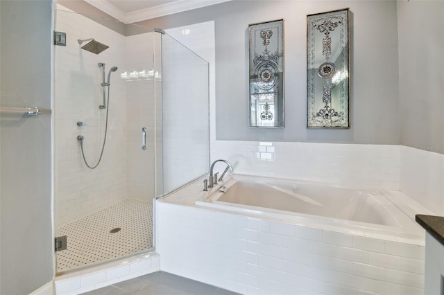 bathroom featuring independent shower and bath, crown molding, and tile patterned flooring