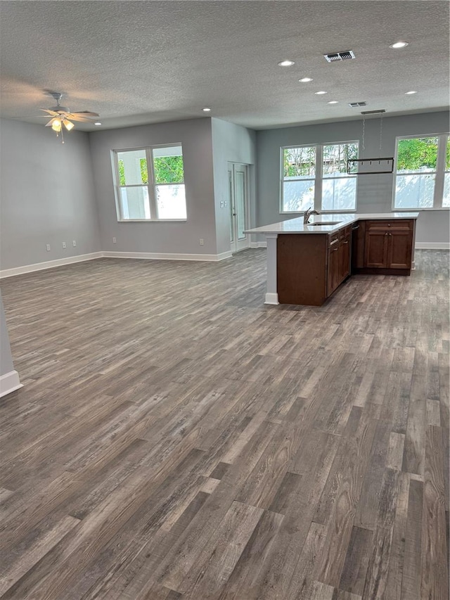 kitchen with ceiling fan, dark hardwood / wood-style flooring, a textured ceiling, and a wealth of natural light