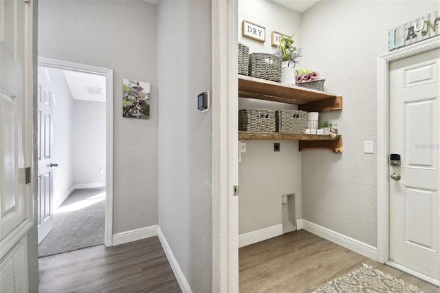 washroom featuring hookup for an electric dryer and wood-type flooring