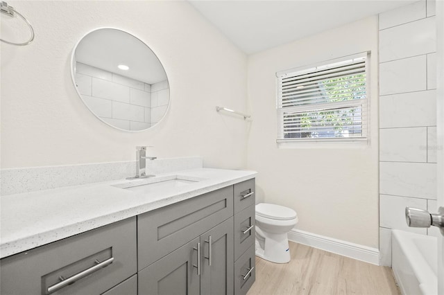 bathroom featuring vanity, hardwood / wood-style flooring, and toilet