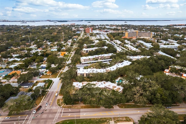 drone / aerial view with a water view