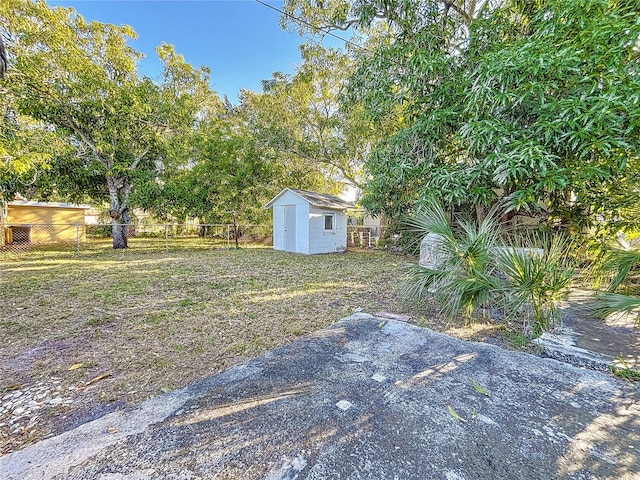 view of yard featuring a storage shed