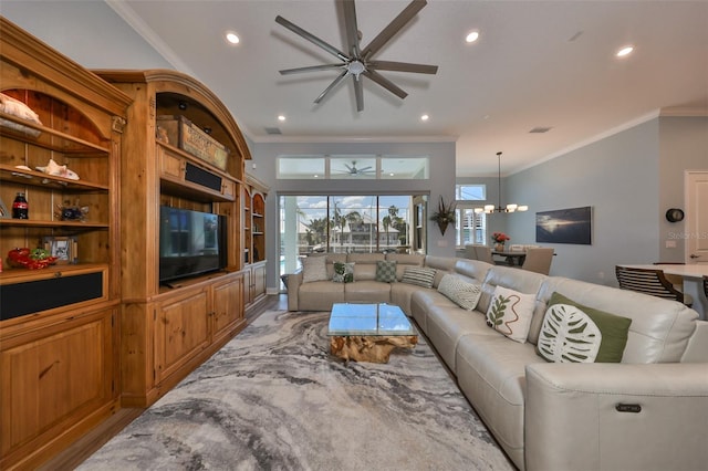 living room with ornamental molding, ceiling fan with notable chandelier, and light wood-type flooring