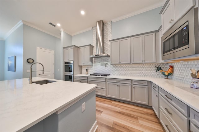 kitchen featuring wall chimney exhaust hood, sink, light wood-type flooring, appliances with stainless steel finishes, and tasteful backsplash