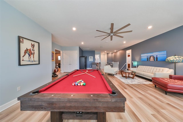 game room featuring pool table, wood-type flooring, and ceiling fan