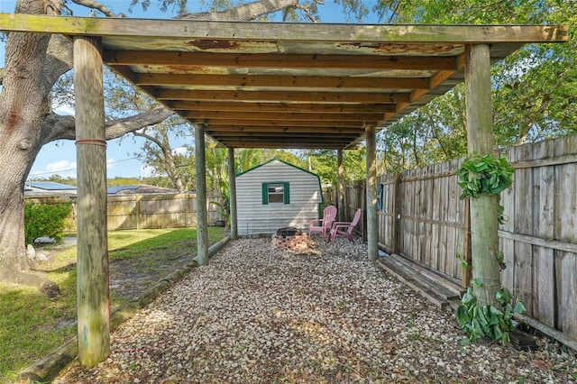 exterior space with a shed